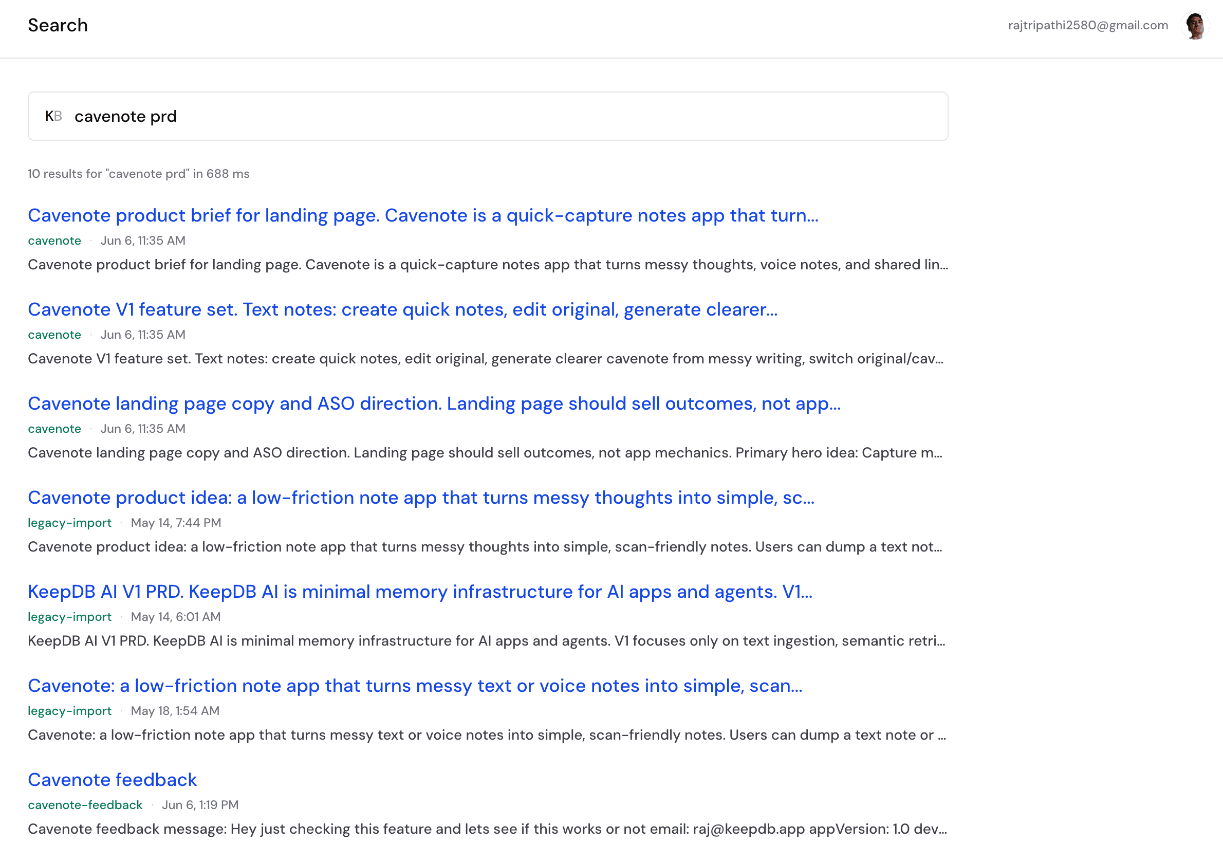 KeepDB search results showing relevant saved project memories with folder names and timestamps.