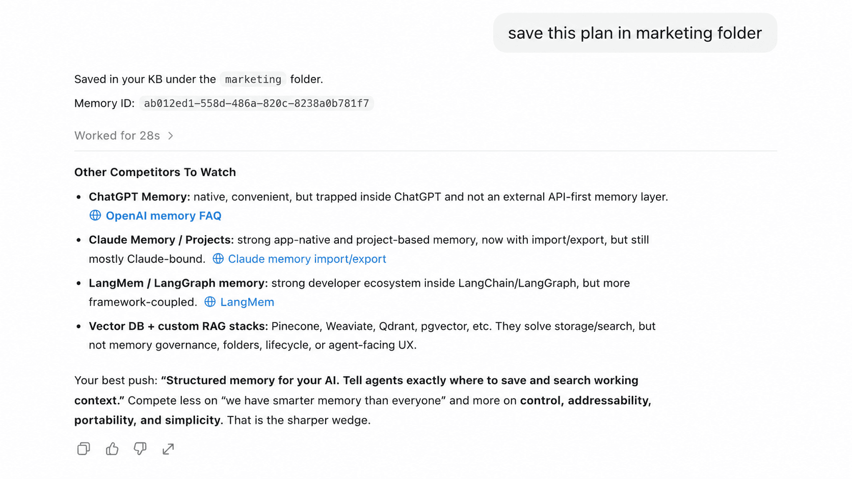 Agent saving a project plan into a KeepDB folder for later retrieval.